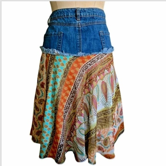 BOHO Mixed Media Denim Patchwork Midi Skirt Sz 11 by Star City #232A - Picture 4 of 7
